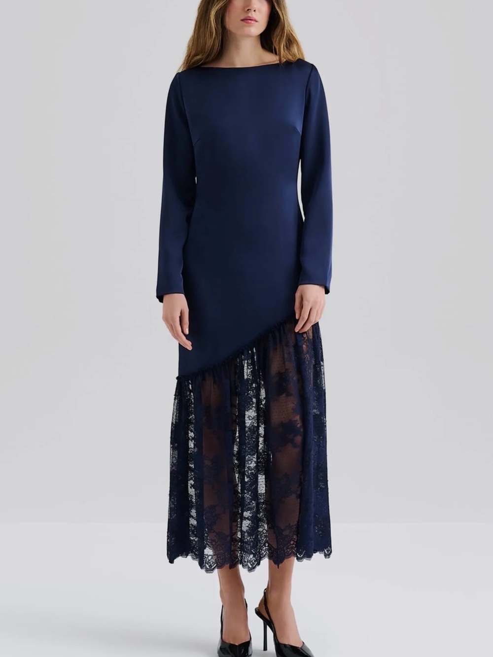 By Malina Navy Long-Sleeve Lace Hem midi Dress NWT
